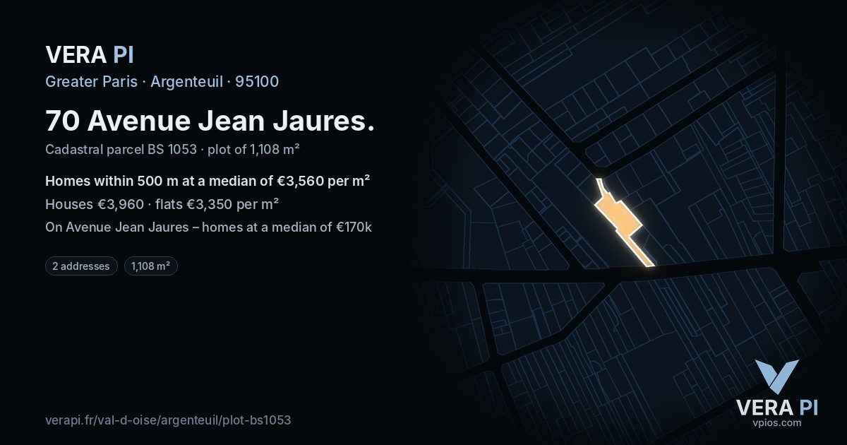 70 Avenue Jean Jaures, Argenteuil at night – the plot lit, the parcels around coloured by the prices near them