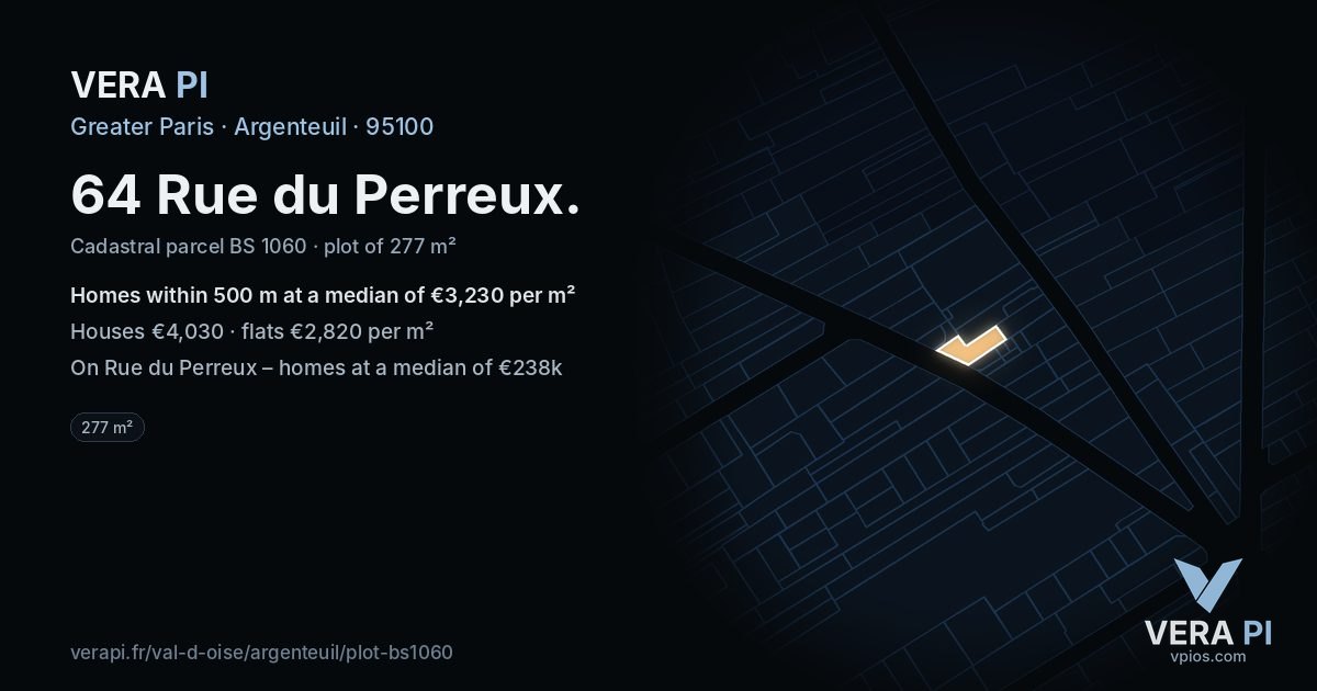 64 Rue du Perreux, Argenteuil at night – the plot lit, the parcels around coloured by the prices near them
