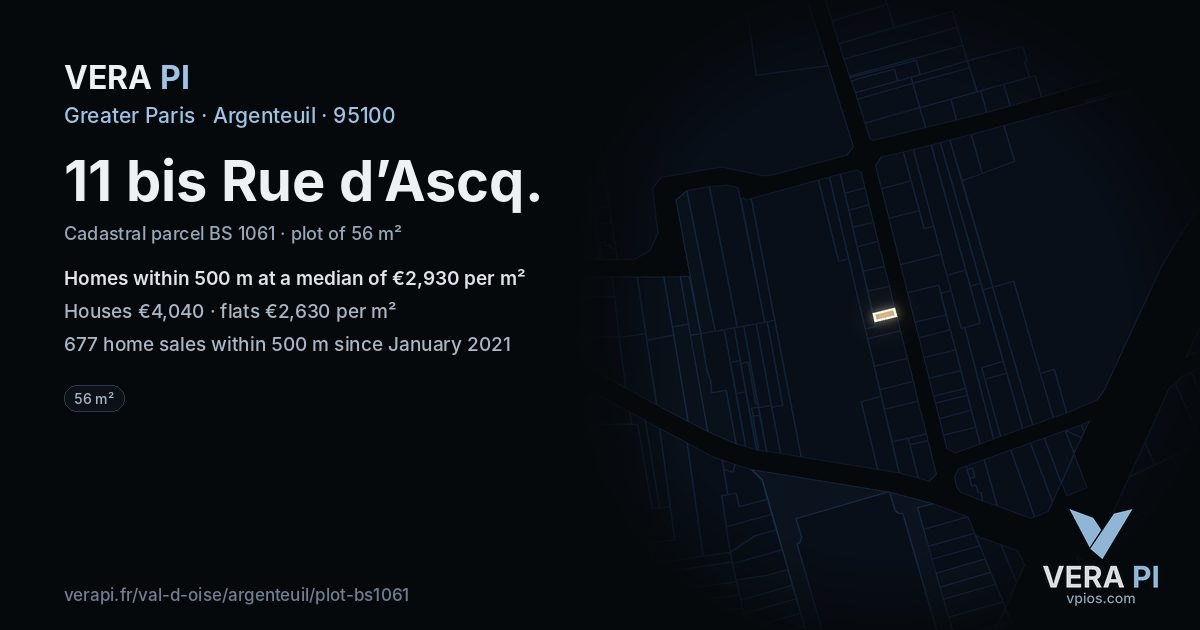 11 bis Rue d’Ascq, Argenteuil at night – the plot lit, the parcels around coloured by the prices near them