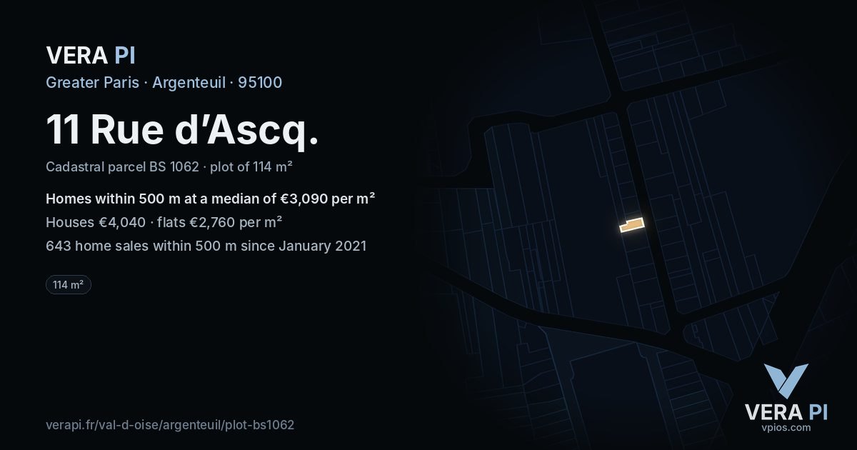 11 Rue d’Ascq, Argenteuil at night – the plot lit, the parcels around coloured by the prices near them