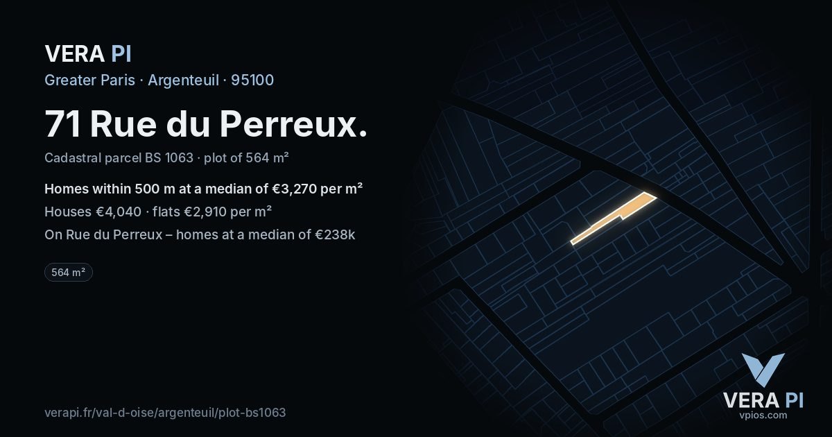 71 Rue du Perreux, Argenteuil at night – the plot lit, the parcels around coloured by the prices near them