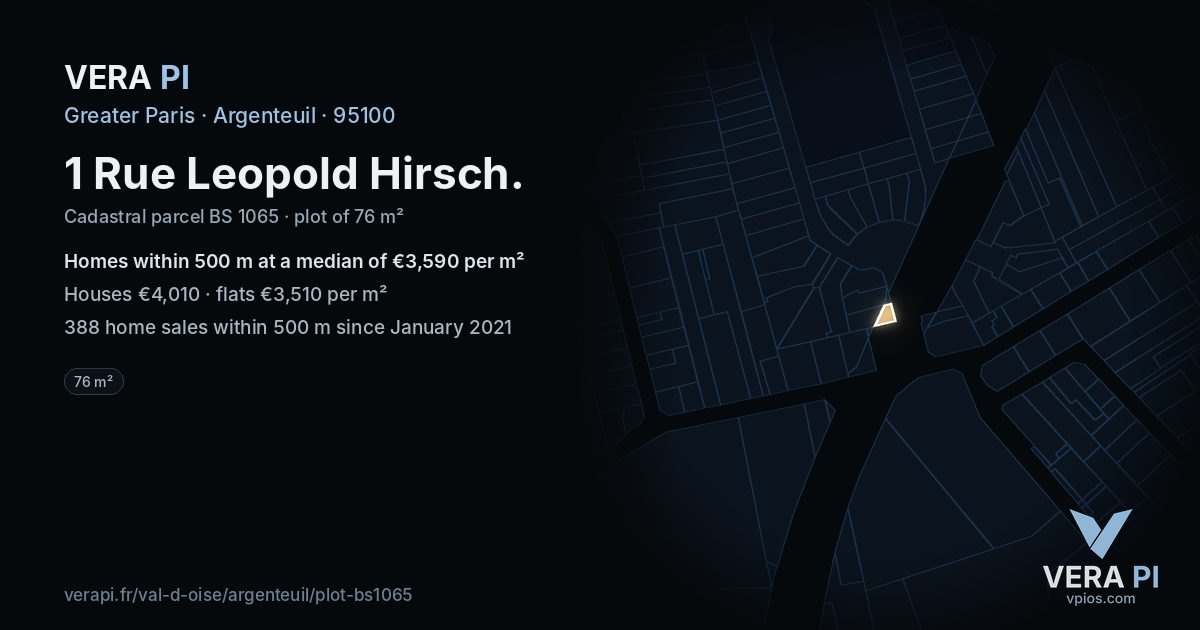 1 Rue Leopold Hirsch, Argenteuil at night – the plot lit, the parcels around coloured by the prices near them
