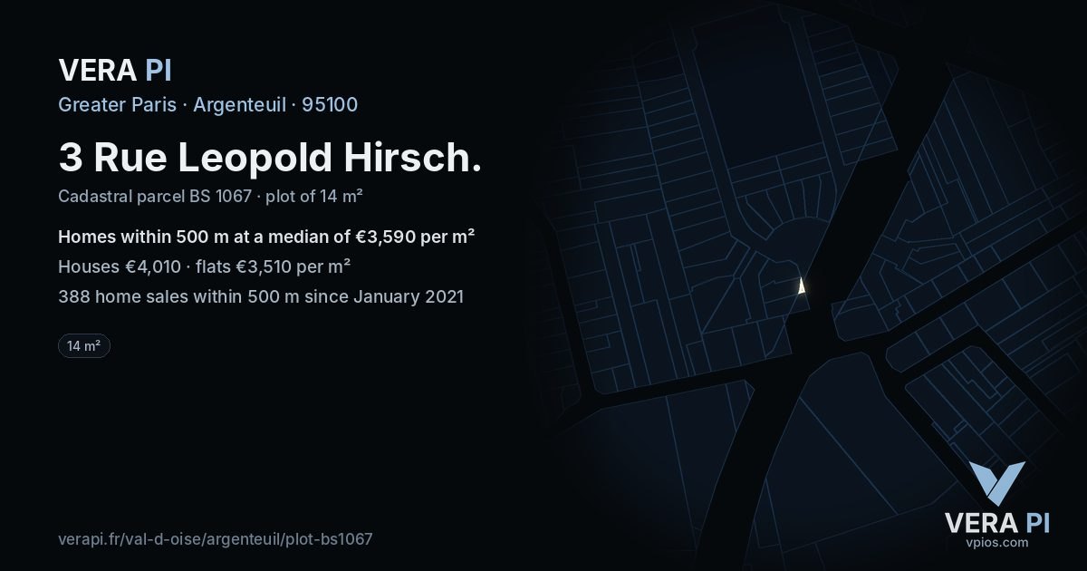 3 Rue Leopold Hirsch, Argenteuil at night – the plot lit, the parcels around coloured by the prices near them