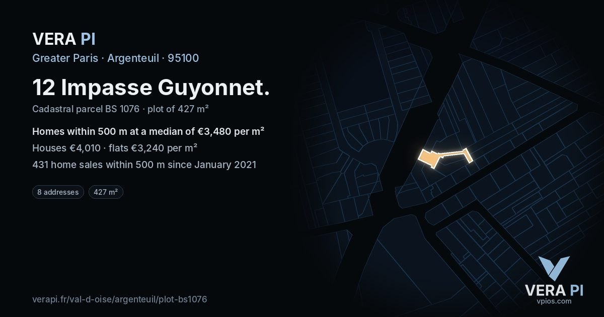 12 Impasse Guyonnet, Argenteuil at night – the plot lit, the parcels around coloured by the prices near them