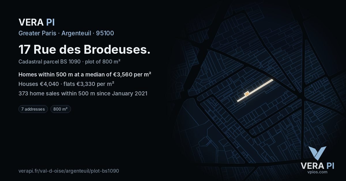 17 Rue des Brodeuses, Argenteuil at night – the plot lit, the parcels around coloured by the prices near them