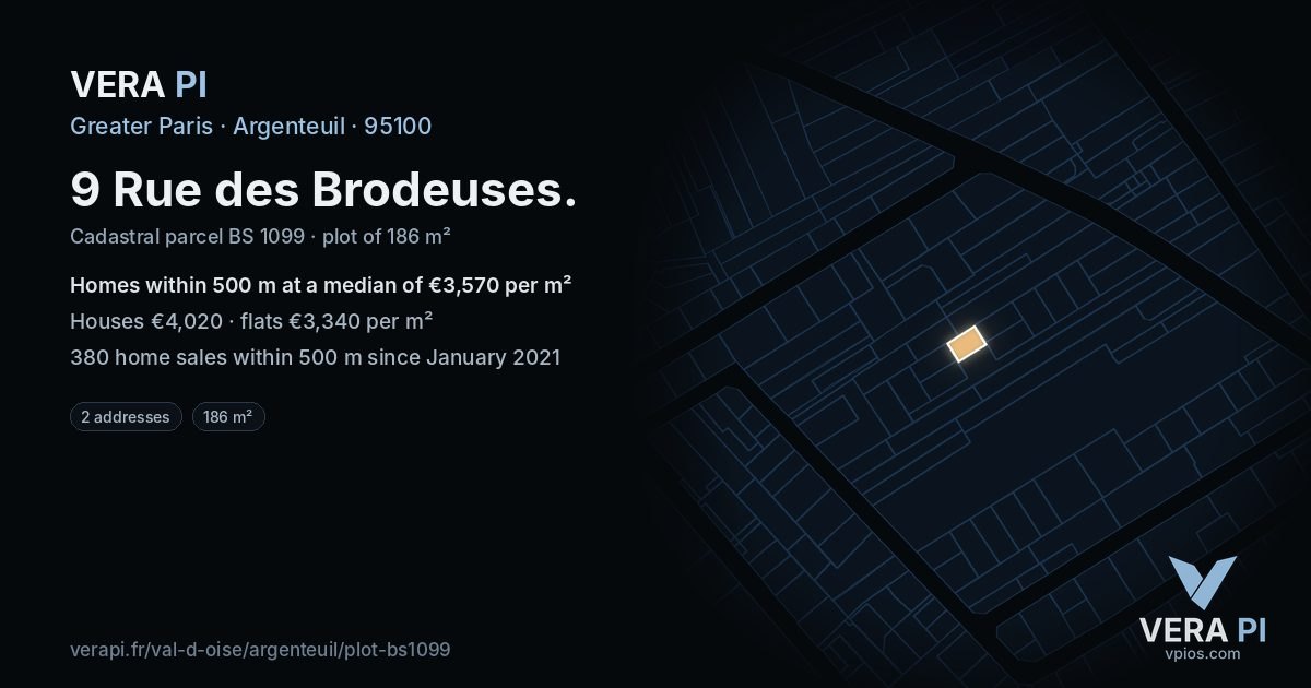 9 Rue des Brodeuses, Argenteuil at night – the plot lit, the parcels around coloured by the prices near them
