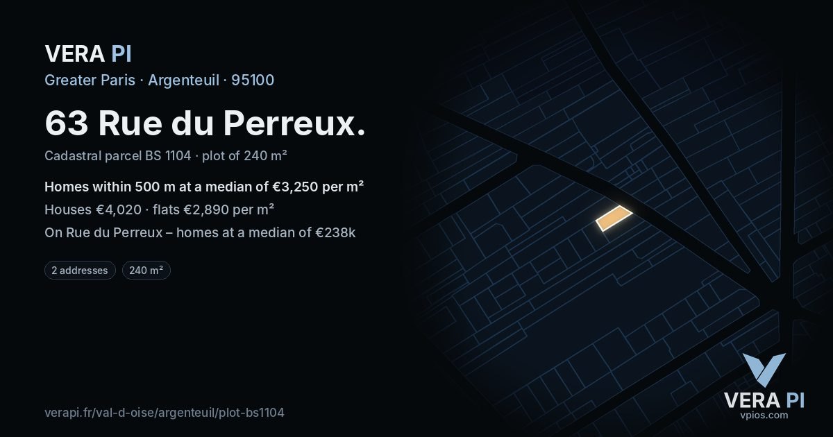 63 Rue du Perreux, Argenteuil at night – the plot lit, the parcels around coloured by the prices near them