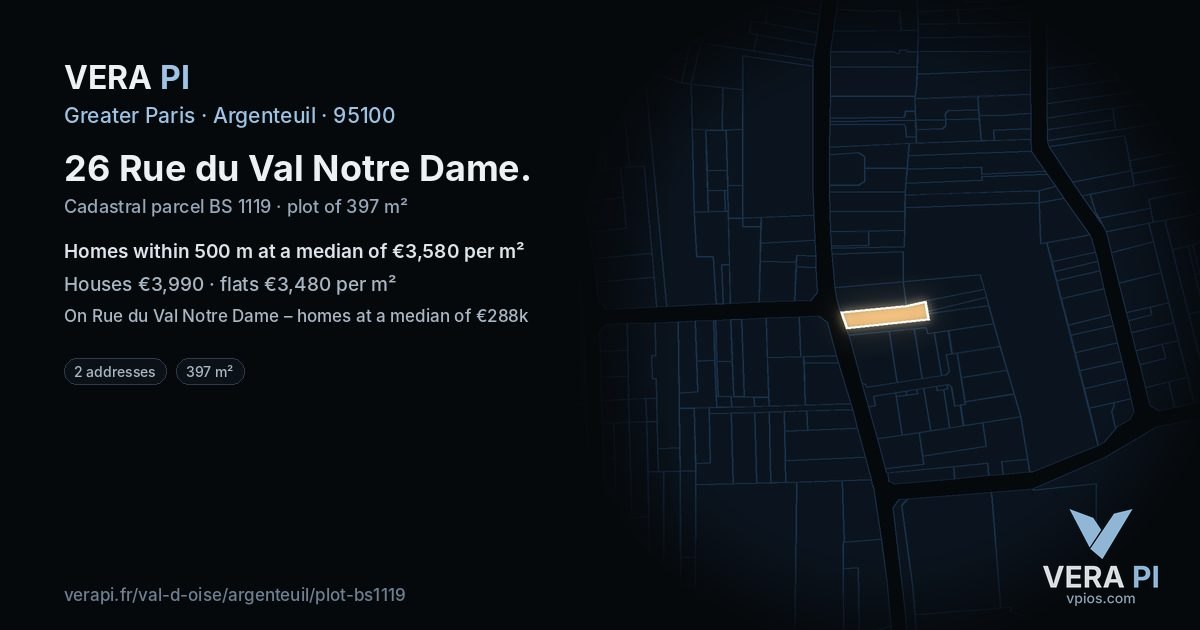 26 Rue du Val Notre Dame, Argenteuil at night – the plot lit, the parcels around coloured by the prices near them