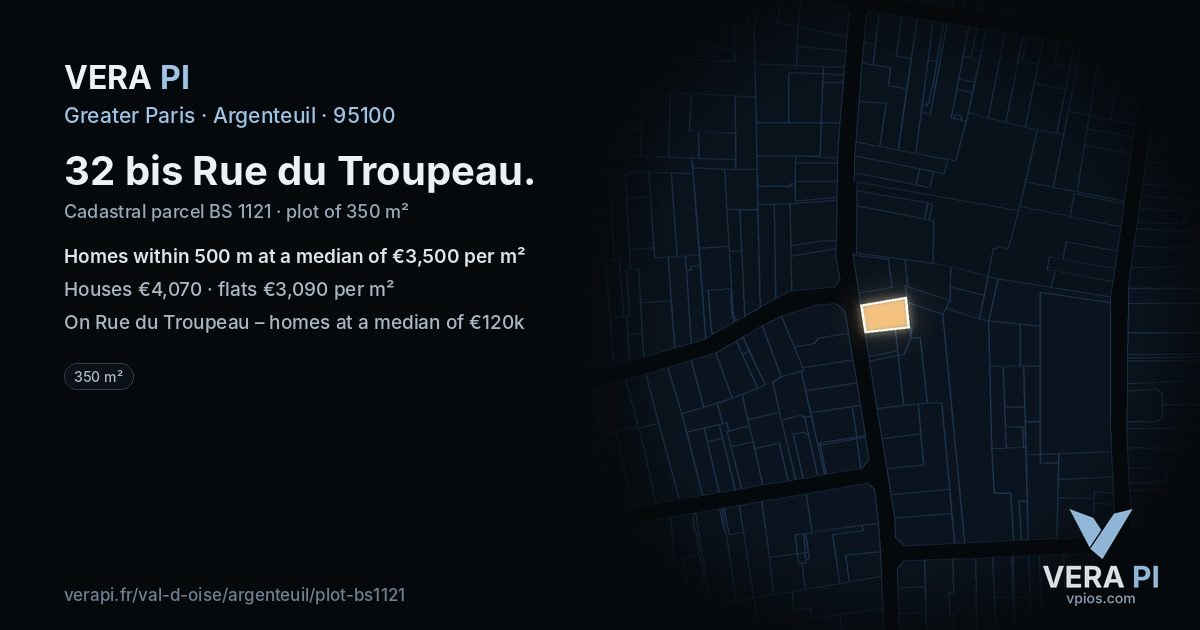 32 bis Rue du Troupeau, Argenteuil at night – the plot lit, the parcels around coloured by the prices near them