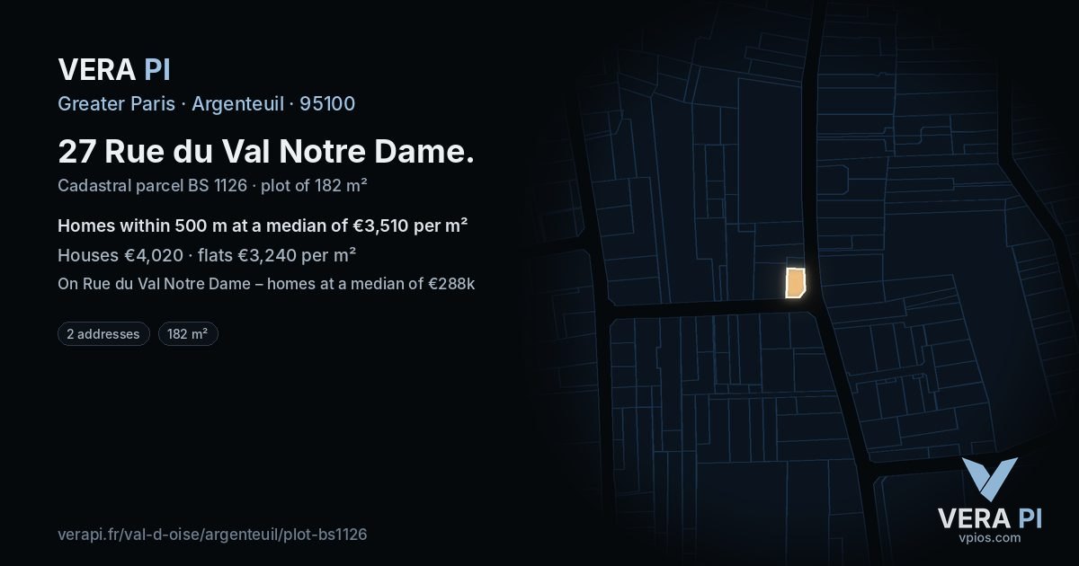 27 Rue du Val Notre Dame, Argenteuil at night – the plot lit, the parcels around coloured by the prices near them