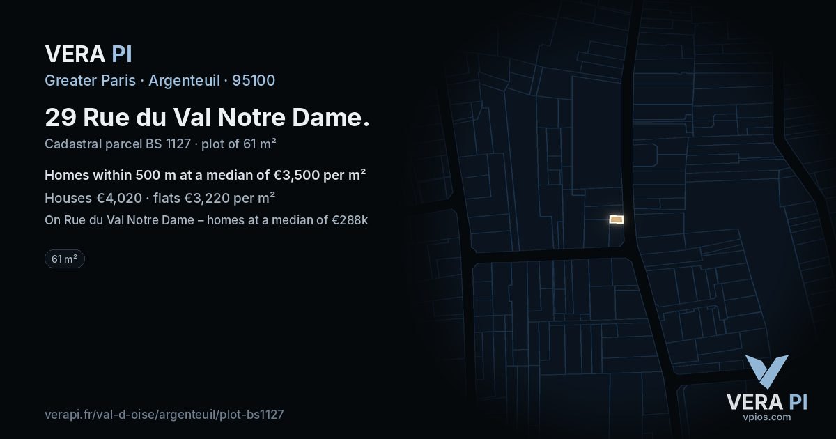 29 Rue du Val Notre Dame, Argenteuil at night – the plot lit, the parcels around coloured by the prices near them
