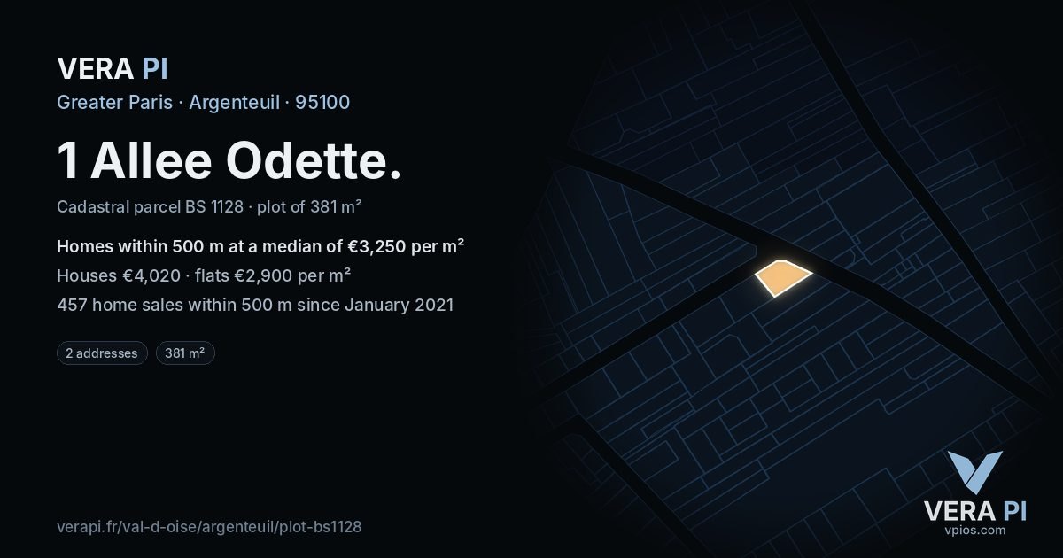 1 Allee Odette, Argenteuil at night – the plot lit, the parcels around coloured by the prices near them