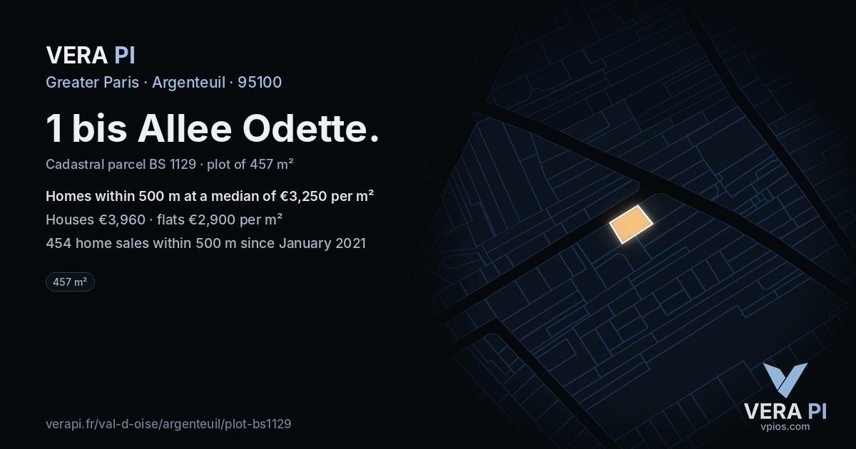 1 bis Allee Odette, Argenteuil at night – the plot lit, the parcels around coloured by the prices near them