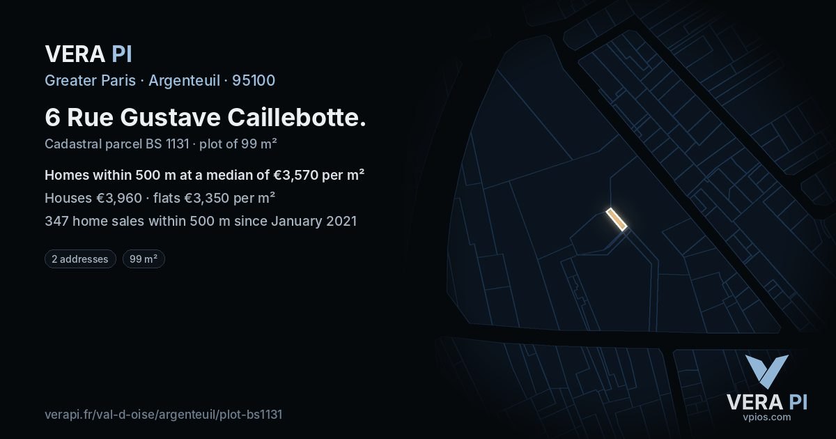 6 Rue Gustave Caillebotte, Argenteuil at night – the plot lit, the parcels around coloured by the prices near them