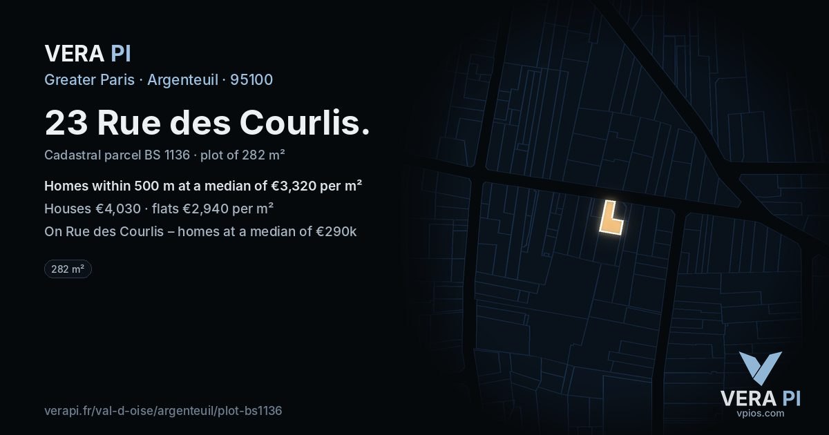 23 Rue des Courlis, Argenteuil at night – the plot lit, the parcels around coloured by the prices near them