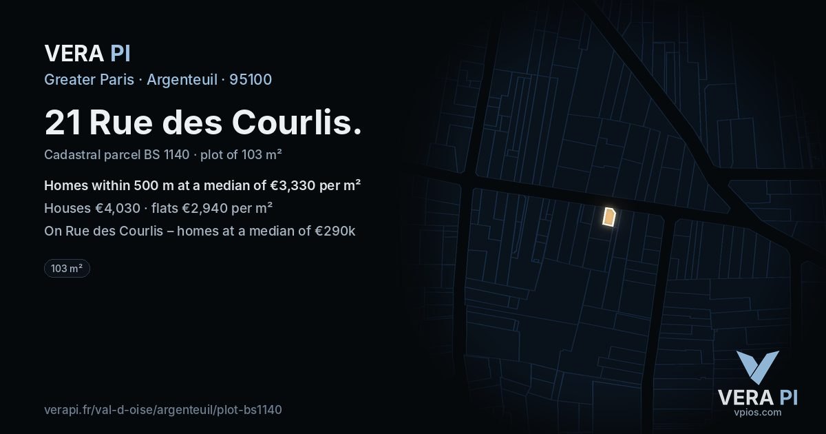 21 Rue des Courlis, Argenteuil at night – the plot lit, the parcels around coloured by the prices near them