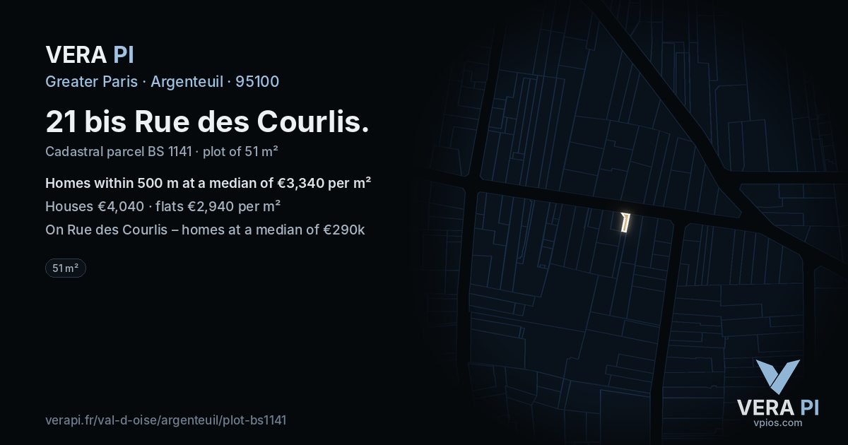 21 bis Rue des Courlis, Argenteuil at night – the plot lit, the parcels around coloured by the prices near them