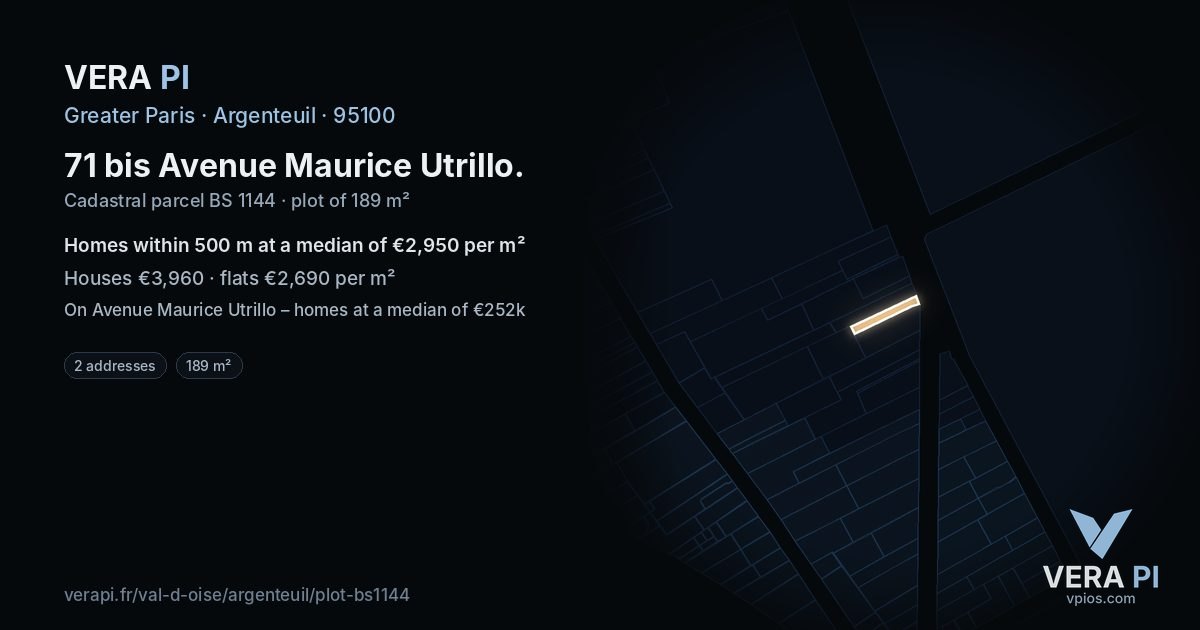 71 bis Avenue Maurice Utrillo, Argenteuil at night – the plot lit, the parcels around coloured by the prices near them