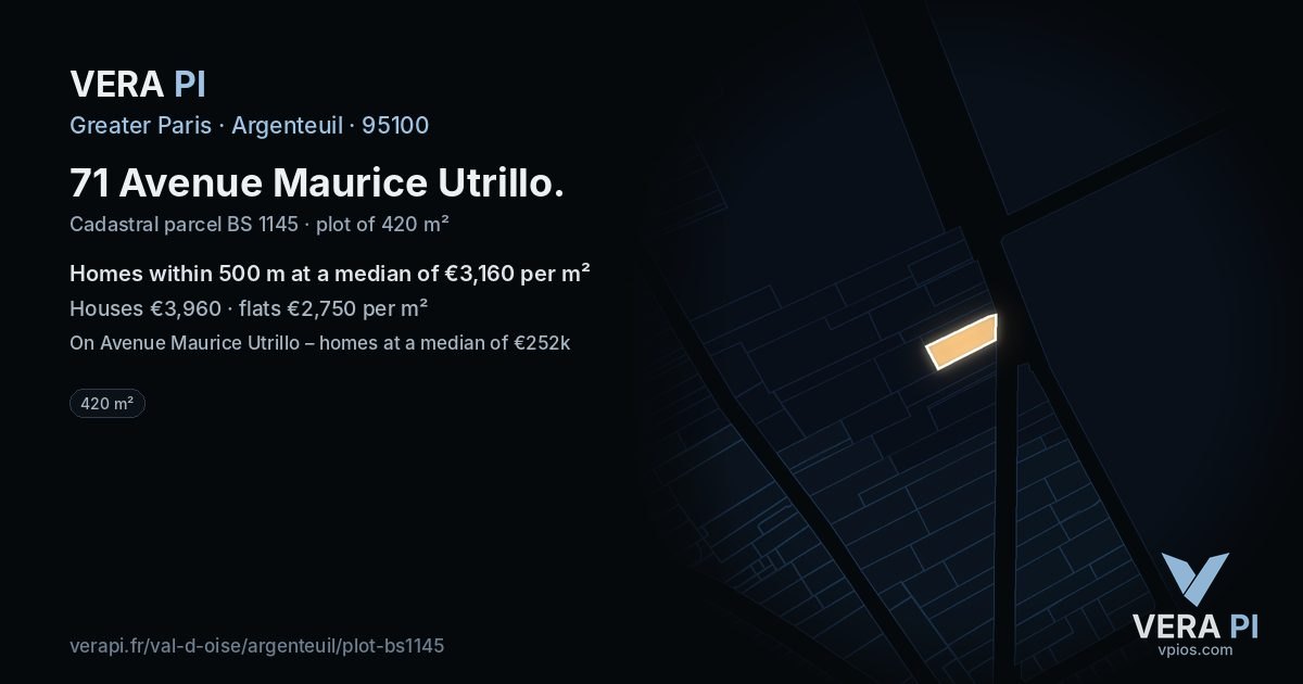 71 Avenue Maurice Utrillo, Argenteuil at night – the plot lit, the parcels around coloured by the prices near them