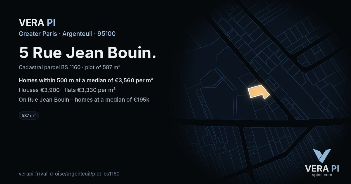5 Rue Jean Bouin, Argenteuil at night – the plot lit, the parcels around coloured by the prices near them