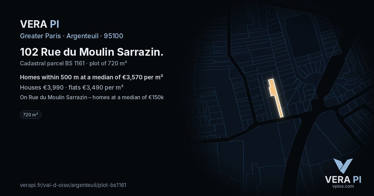 102 Rue du Moulin Sarrazin, Argenteuil at night – the plot lit, the parcels around coloured by the prices near them