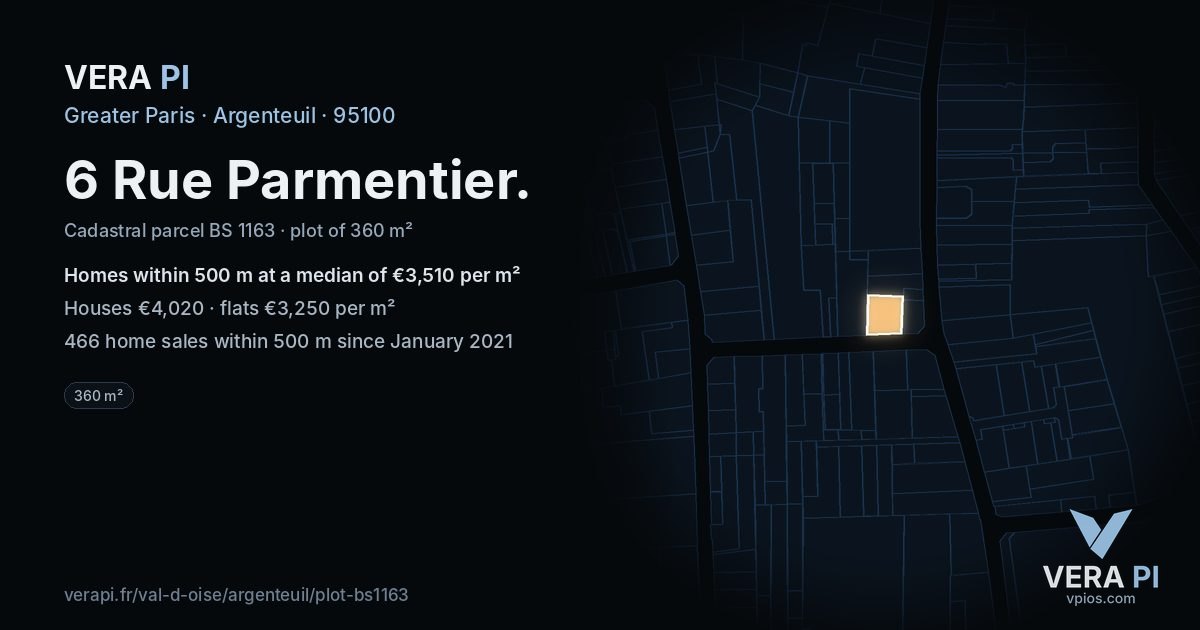 6 Rue Parmentier, Argenteuil at night – the plot lit, the parcels around coloured by the prices near them