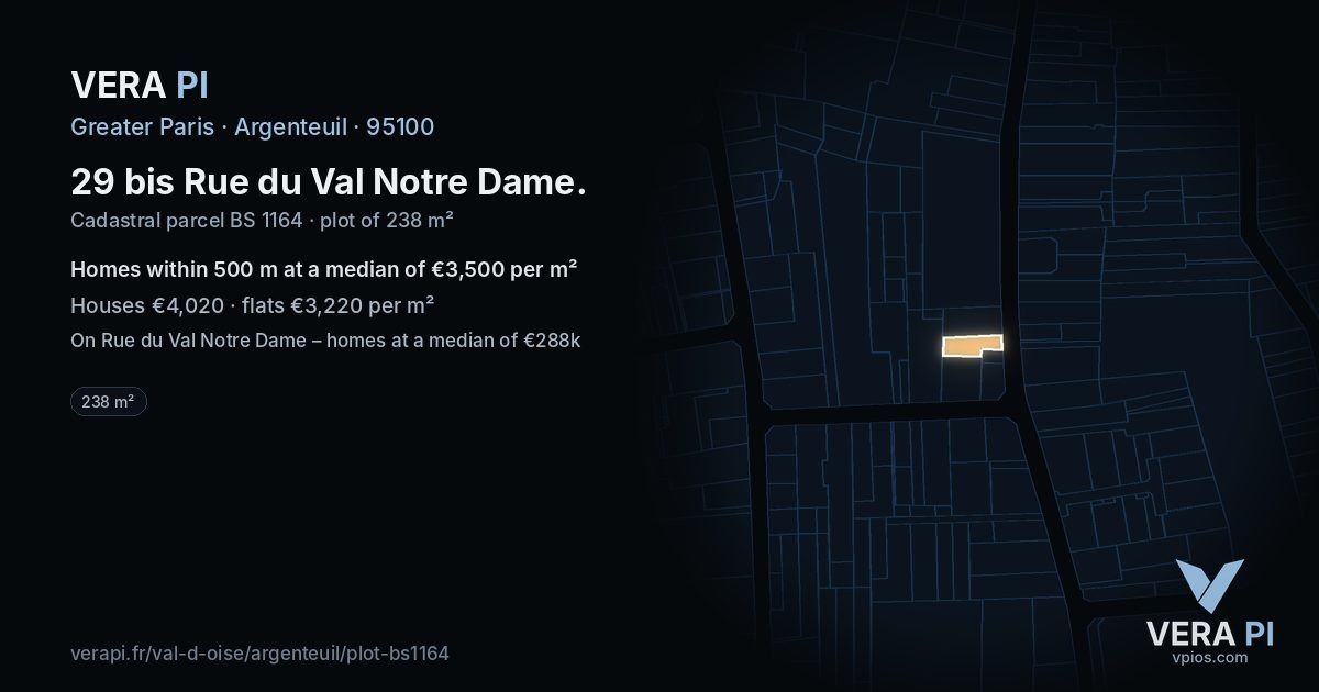 29 bis Rue du Val Notre Dame, Argenteuil at night – the plot lit, the parcels around coloured by the prices near them