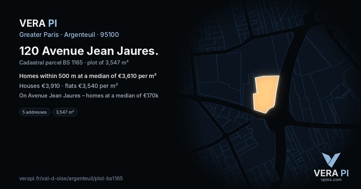120 Avenue Jean Jaures, Argenteuil at night – the plot lit, the parcels around coloured by the prices near them