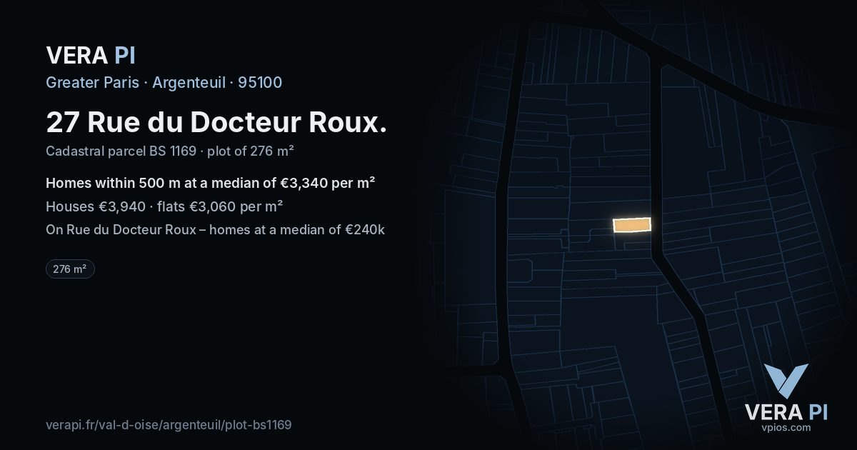 27 Rue du Docteur Roux, Argenteuil at night – the plot lit, the parcels around coloured by the prices near them
