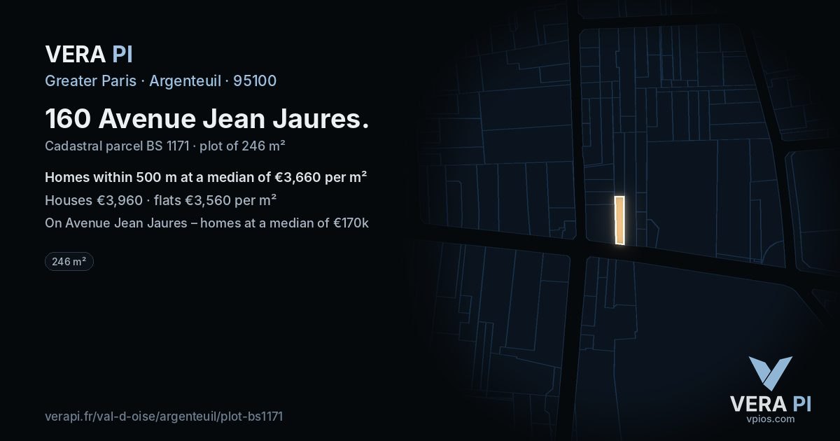 160 Avenue Jean Jaures, Argenteuil at night – the plot lit, the parcels around coloured by the prices near them