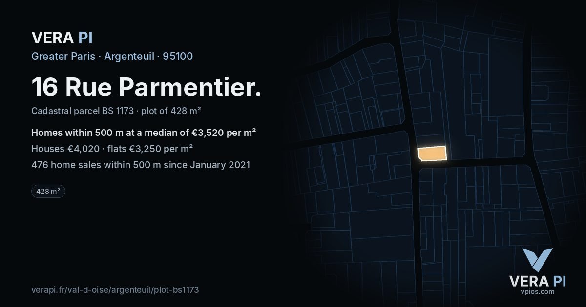 16 Rue Parmentier, Argenteuil at night – the plot lit, the parcels around coloured by the prices near them