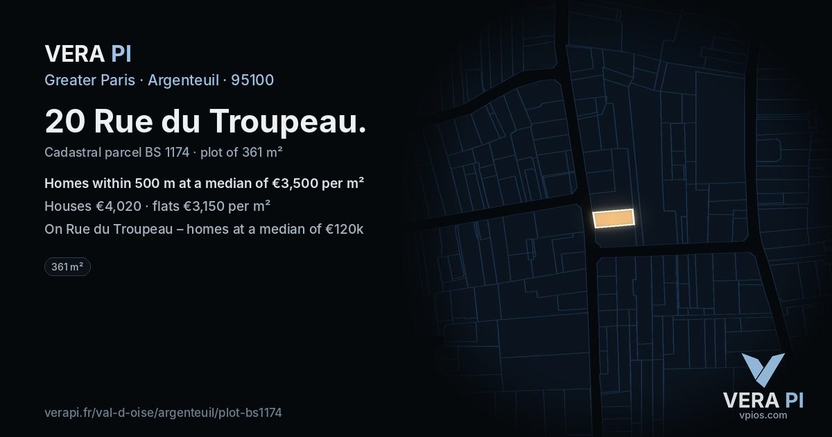 20 Rue du Troupeau, Argenteuil at night – the plot lit, the parcels around coloured by the prices near them