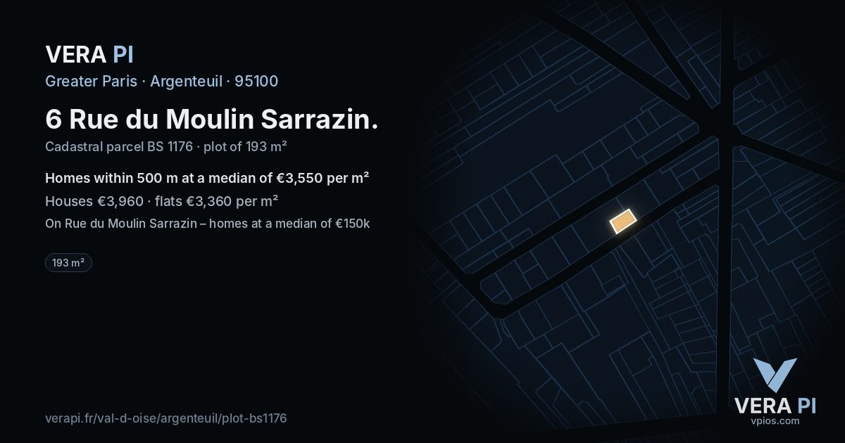 6 Rue du Moulin Sarrazin, Argenteuil at night – the plot lit, the parcels around coloured by the prices near them