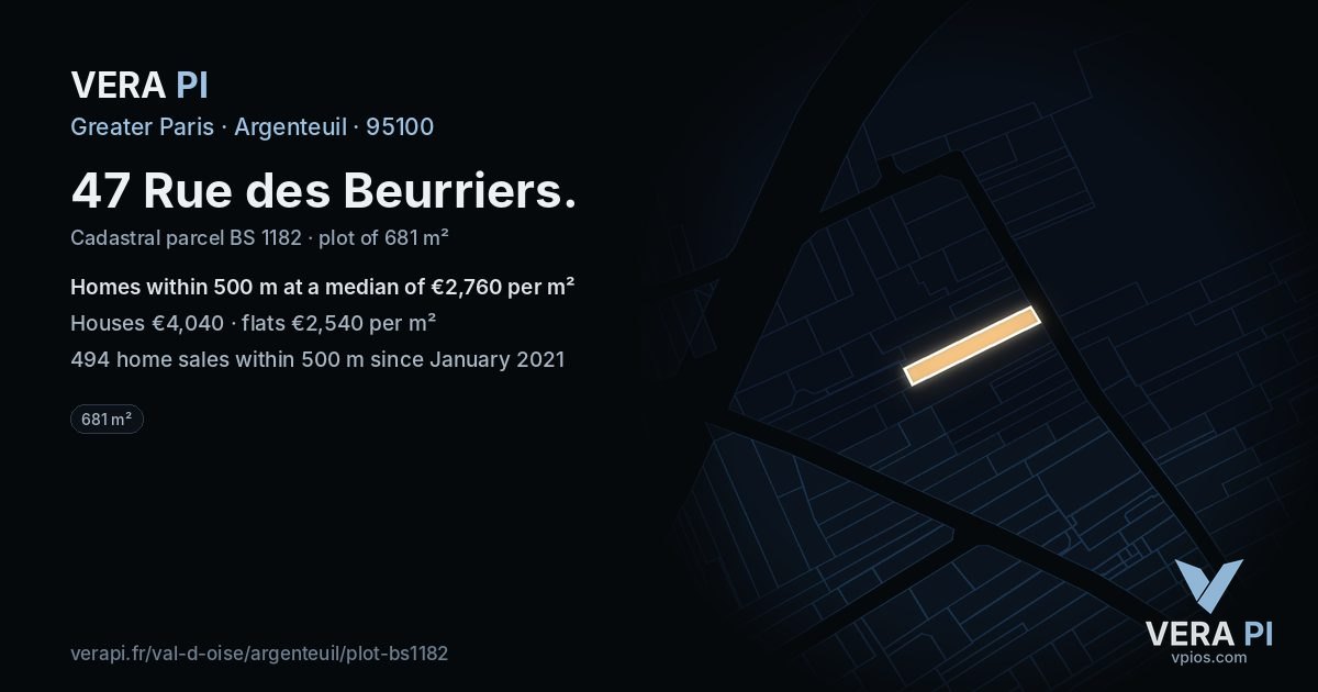 47 Rue des Beurriers, Argenteuil at night – the plot lit, the parcels around coloured by the prices near them