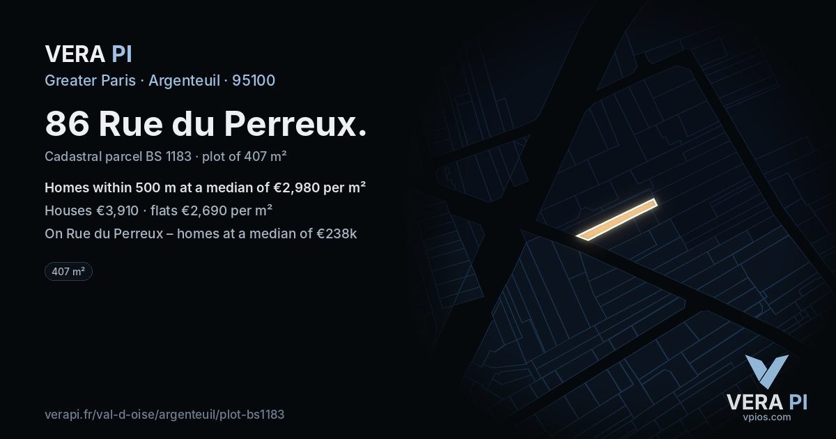86 Rue du Perreux, Argenteuil at night – the plot lit, the parcels around coloured by the prices near them