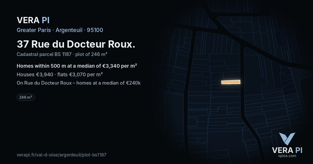 37 Rue du Docteur Roux, Argenteuil at night – the plot lit, the parcels around coloured by the prices near them