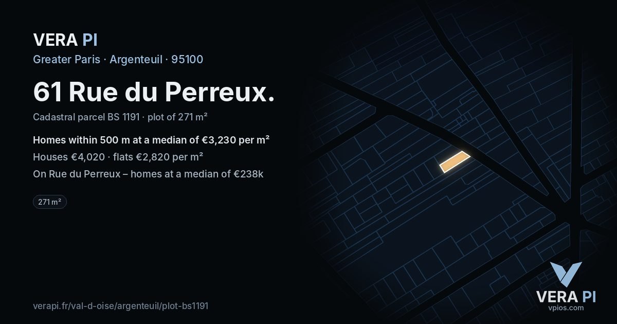 61 Rue du Perreux, Argenteuil at night – the plot lit, the parcels around coloured by the prices near them