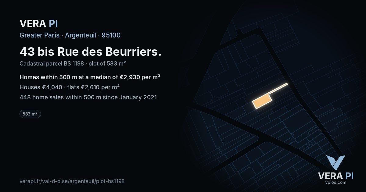 43 bis Rue des Beurriers, Argenteuil at night – the plot lit, the parcels around coloured by the prices near them