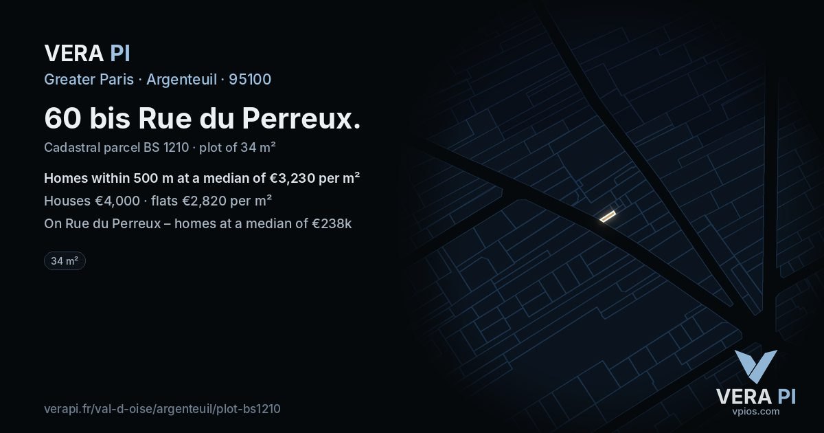 60 bis Rue du Perreux, Argenteuil at night – the plot lit, the parcels around coloured by the prices near them