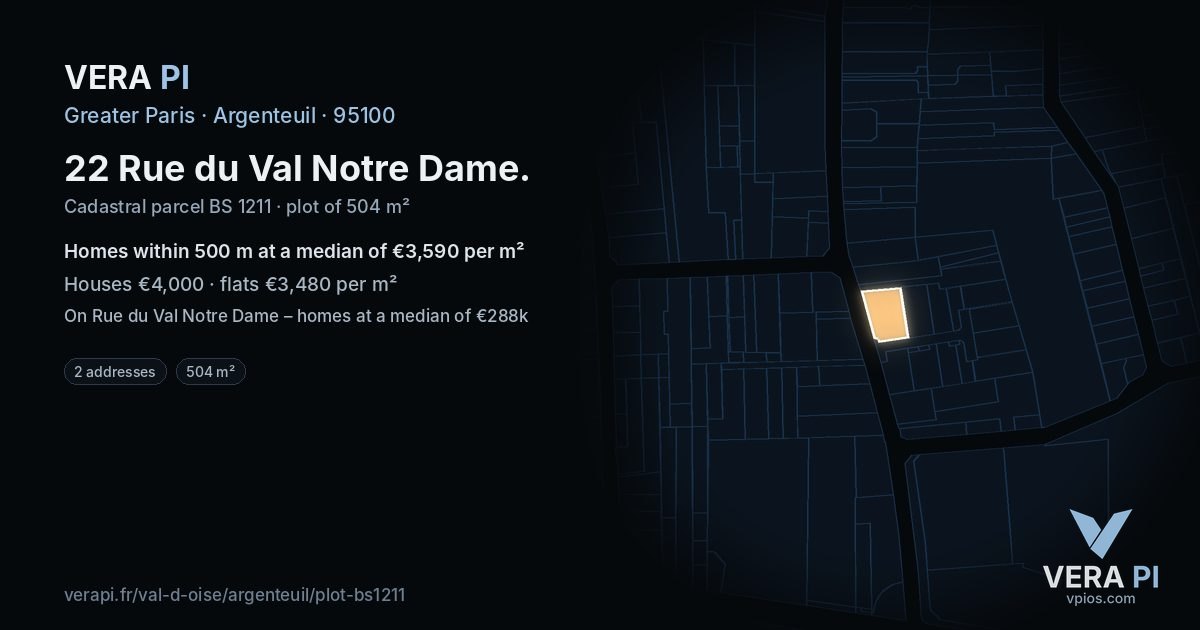 22 Rue du Val Notre Dame, Argenteuil at night – the plot lit, the parcels around coloured by the prices near them