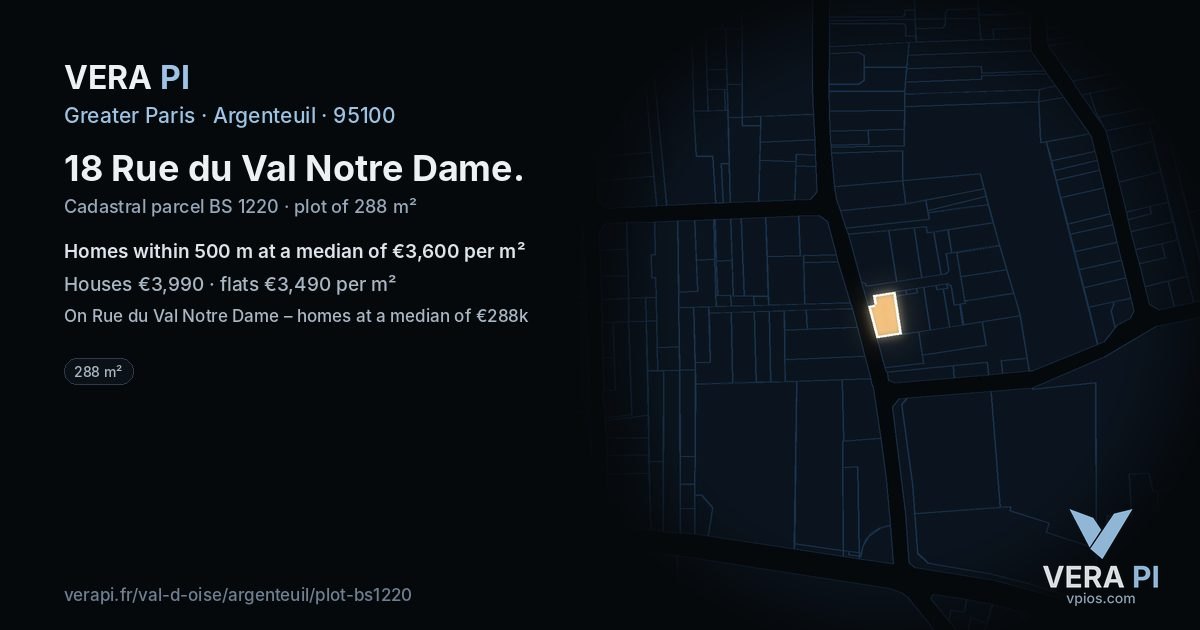 18 Rue du Val Notre Dame, Argenteuil at night – the plot lit, the parcels around coloured by the prices near them