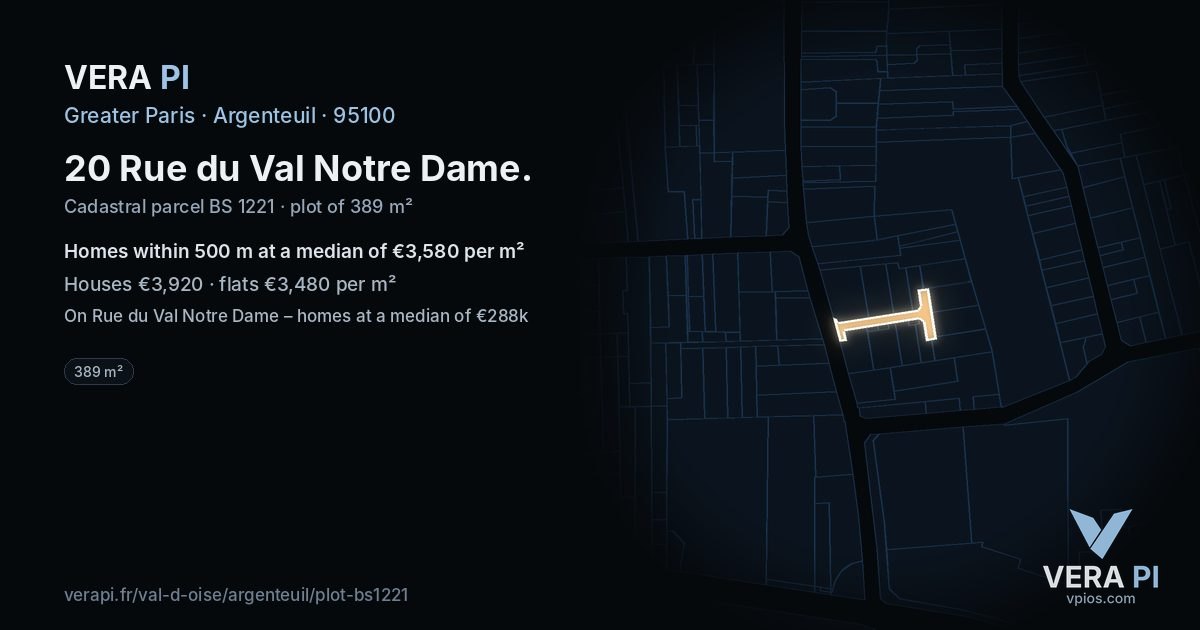20 Rue du Val Notre Dame, Argenteuil at night – the plot lit, the parcels around coloured by the prices near them