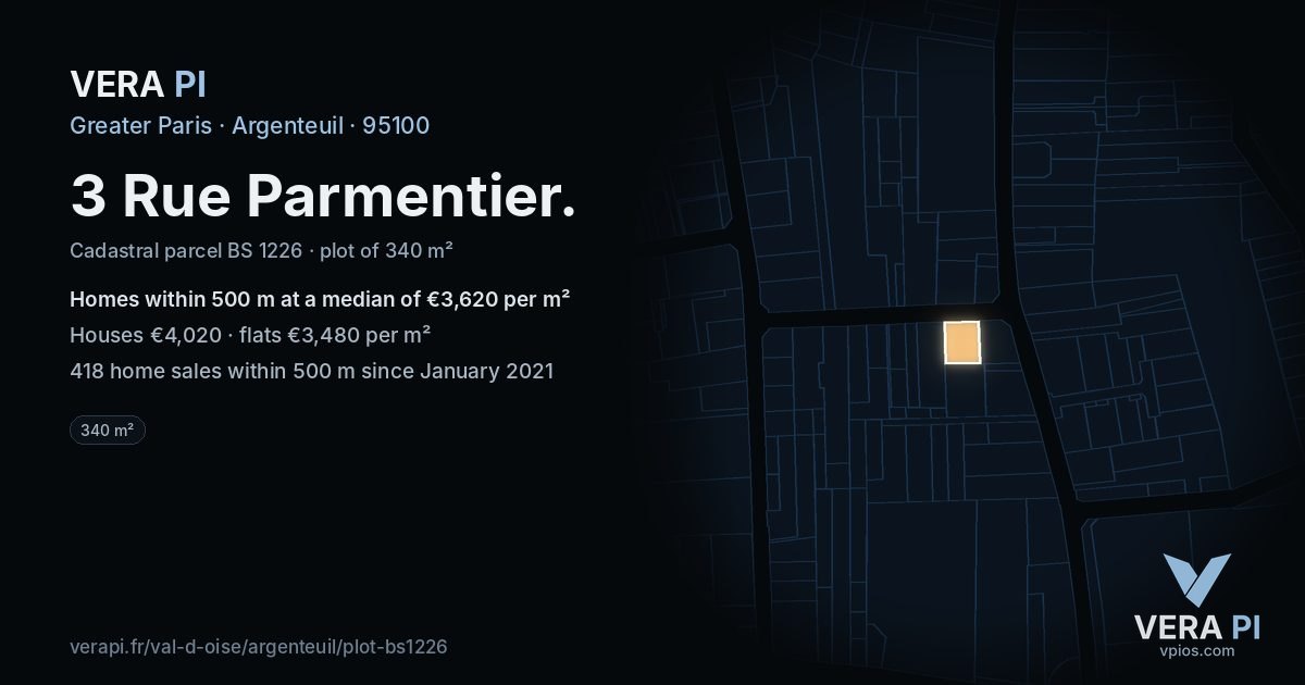 3 Rue Parmentier, Argenteuil at night – the plot lit, the parcels around coloured by the prices near them