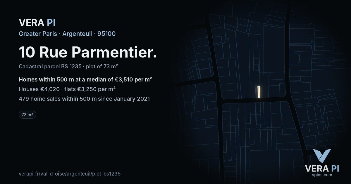 10 Rue Parmentier, Argenteuil at night – the plot lit, the parcels around coloured by the prices near them