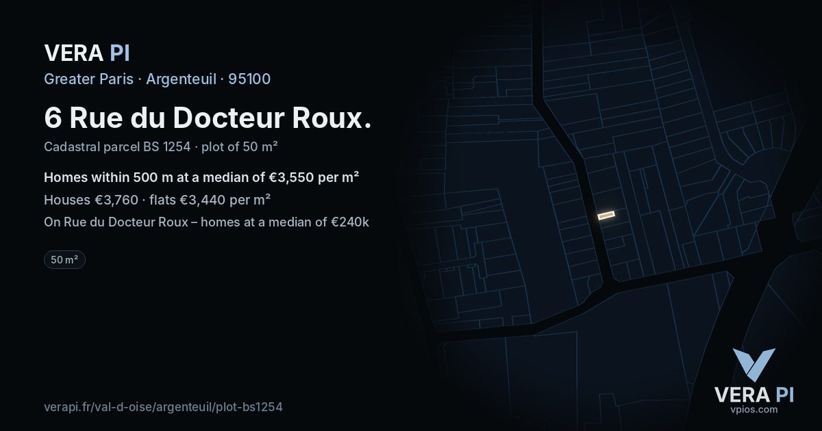 6 Rue du Docteur Roux, Argenteuil at night – the plot lit, the parcels around coloured by the prices near them