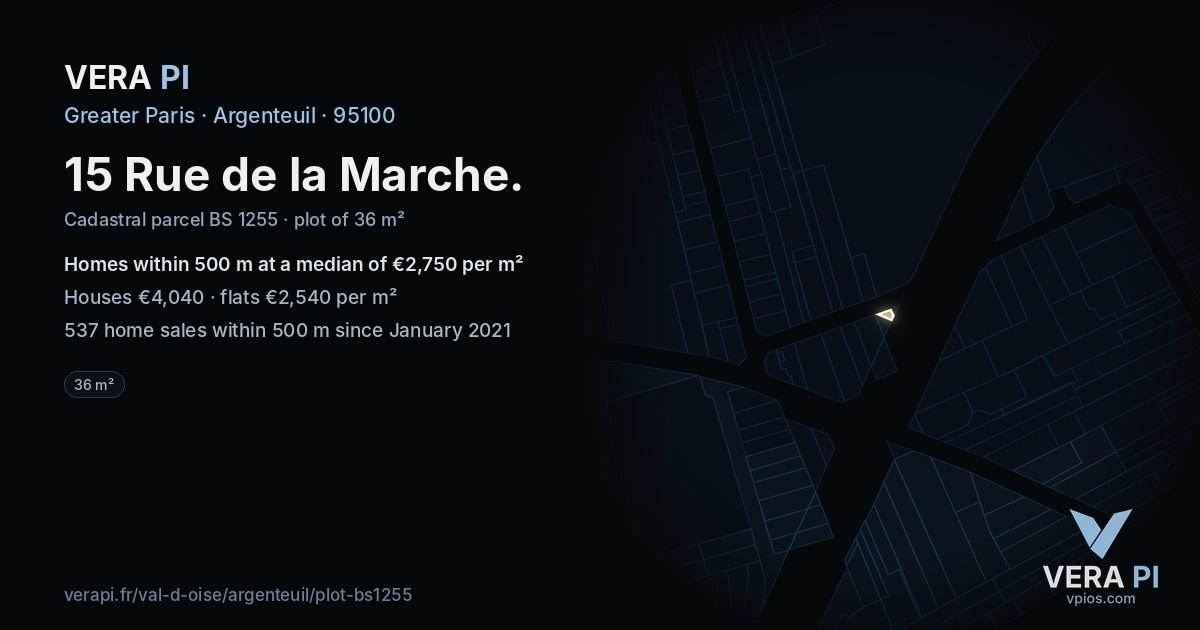 15 Rue de la Marche, Argenteuil at night – the plot lit, the parcels around coloured by the prices near them
