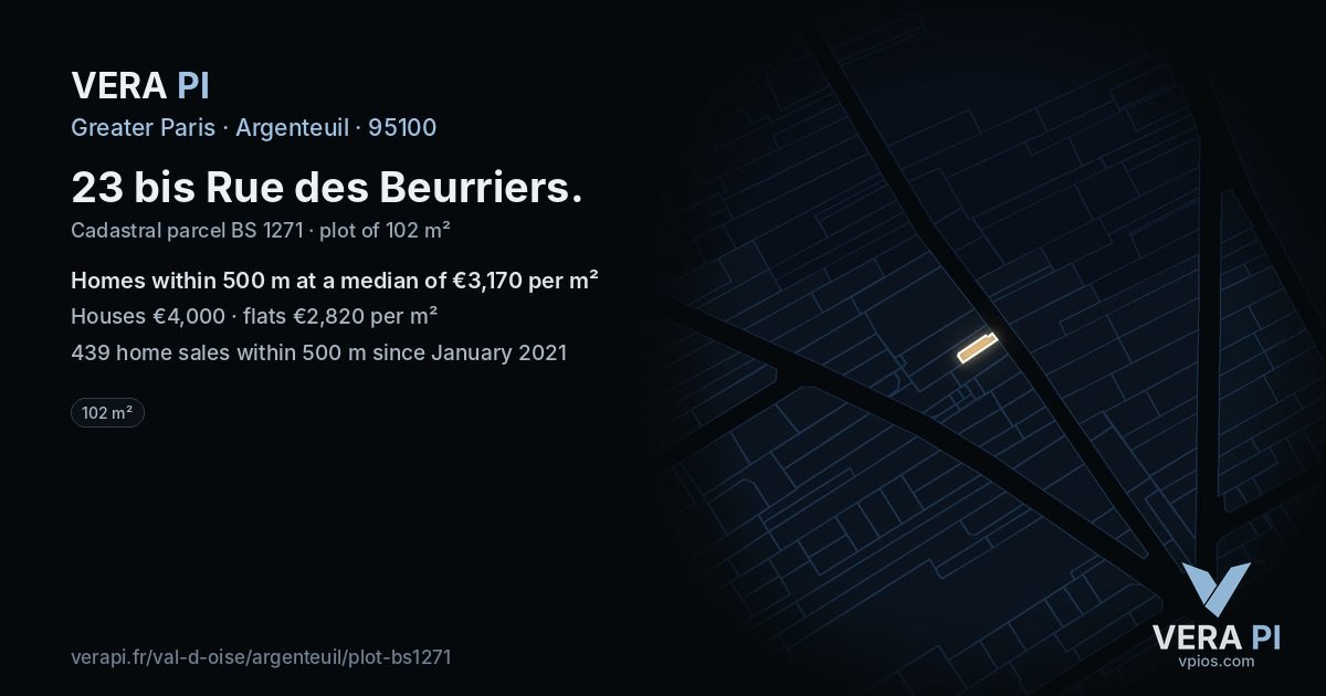 23 bis Rue des Beurriers, Argenteuil at night – the plot lit, the parcels around coloured by the prices near them