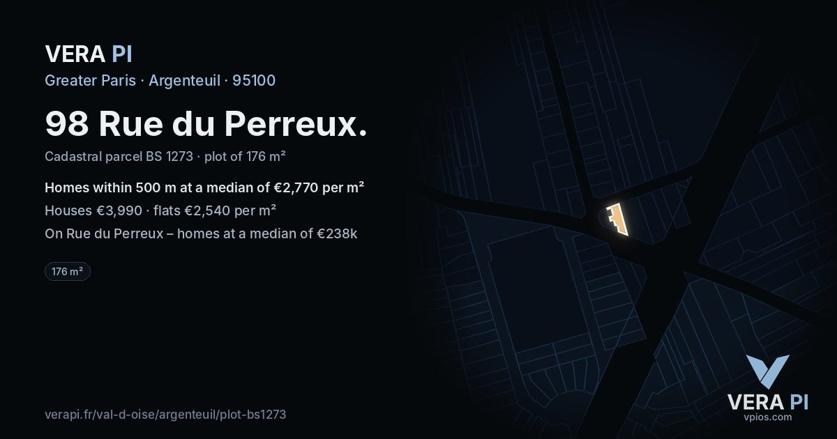 98 Rue du Perreux, Argenteuil at night – the plot lit, the parcels around coloured by the prices near them