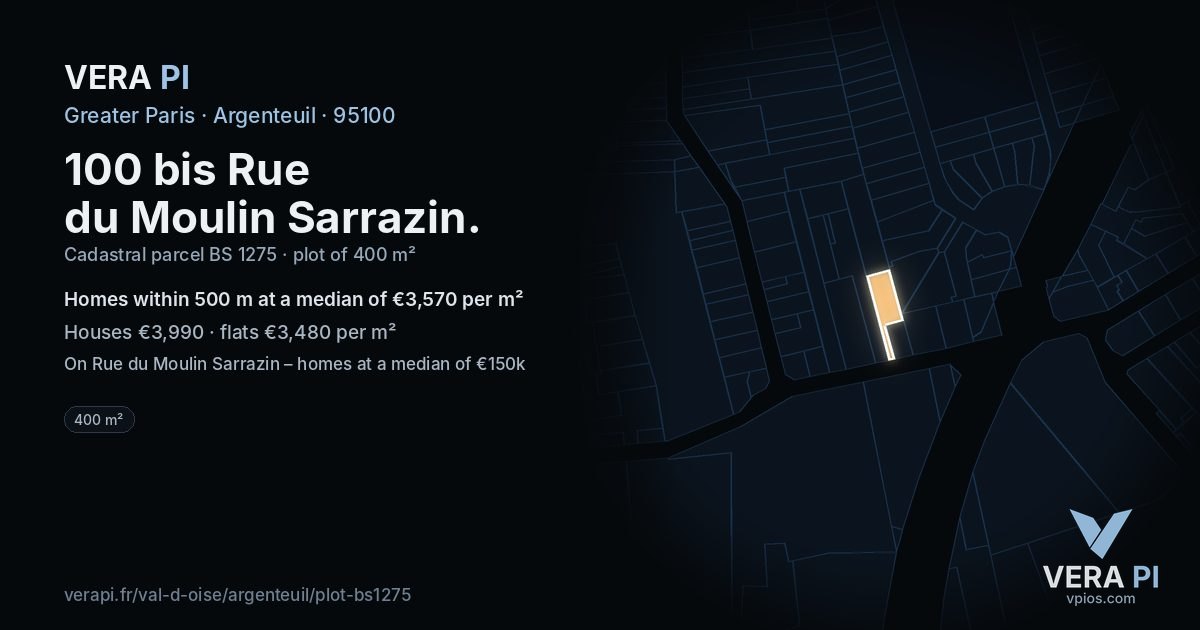 100 bis Rue du Moulin Sarrazin, Argenteuil at night – the plot lit, the parcels around coloured by the prices near them