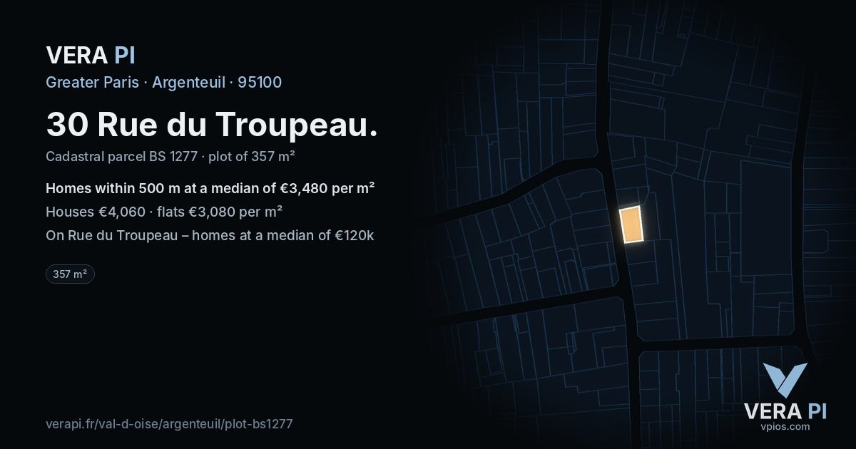 30 Rue du Troupeau, Argenteuil at night – the plot lit, the parcels around coloured by the prices near them